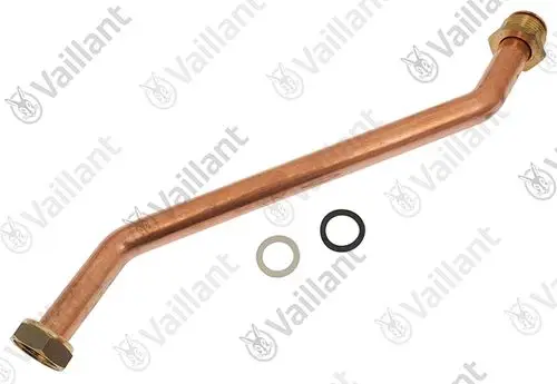 Kupferrohr mit einer gebogenen Form und zwei Enden, eines mit Gewinde. Dazu gehören zwei O-Ringe in verschiedenen Farben. Produkt von Vaillant.